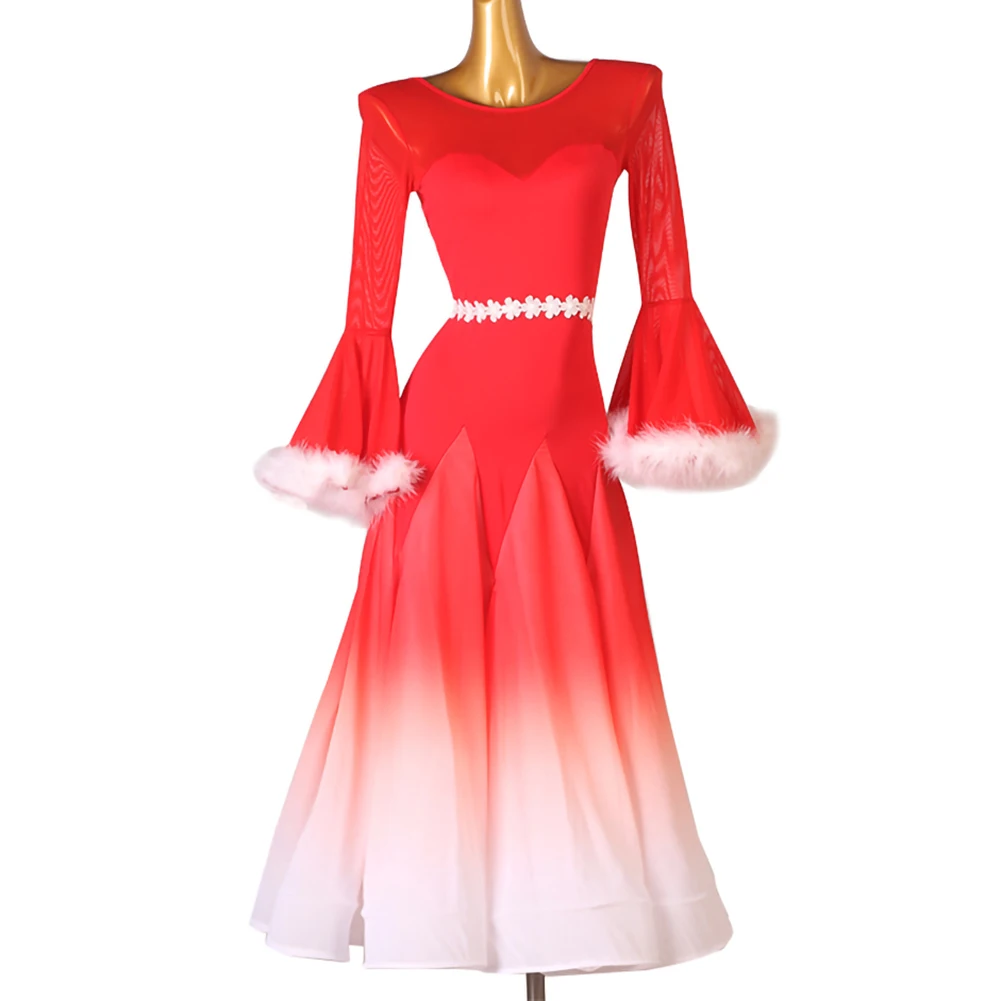 جديد الفالس حفلة قاعة الرقص الأحمر المنافسة جولة الرقبة التدرج ممارسة الرقص البدلة أداء ريشة المرحلة زي #6