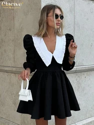 Clacive Fashion Black Patchwork Office Women Dress Casual Lapel Long Sleeve Mini Dresses Elegant High Waist Pleated Female Dress