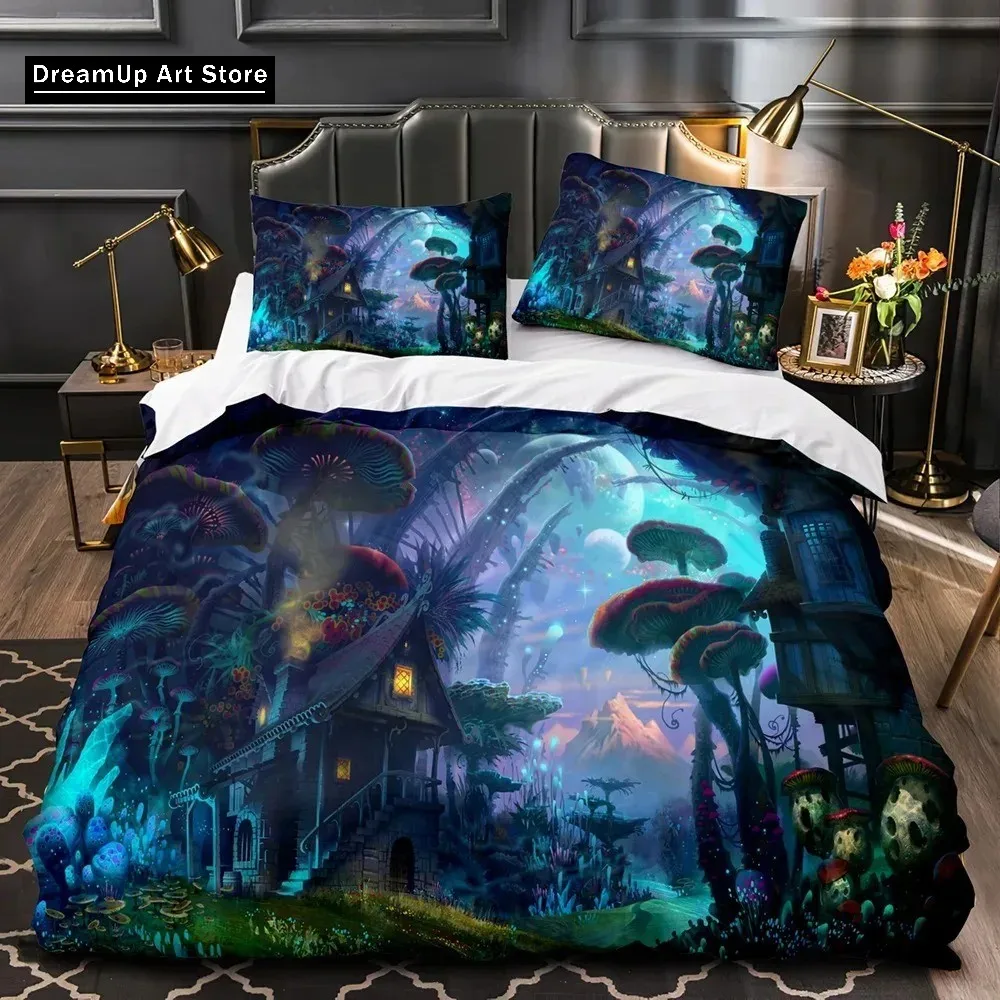 Mushroom Fairy Forest Magic Lilliputian Fungus Plant Bedding Set Boys Girls Twin Queen Full Size Duvet Cover Pillowcase Bed Adul