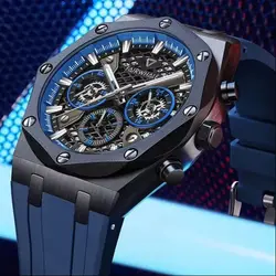 Full Steel Hollow Out Chronograph Quartz Men's Mens Watch 6 Hand Sport Dark Blue Mesh Dial reloj