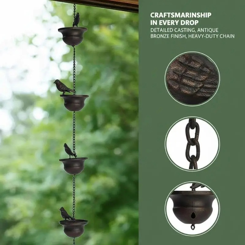 #1Pcs Rain Catche Metal Downspout Tool 60/80/100/240cm Creative Birds Iron Rain Chains For Gutters Outdoor Roof Gutter Decor