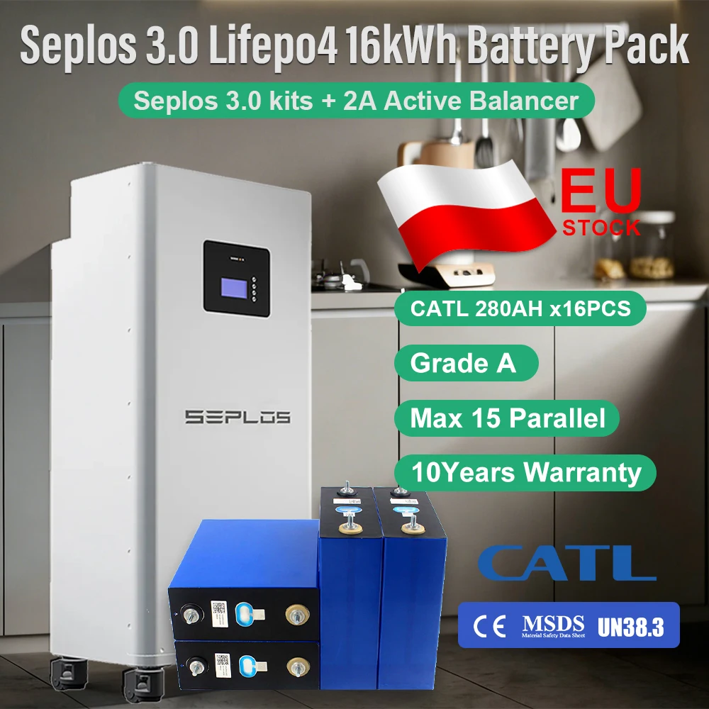EU Stock Lifepo4 Battery CATL280 GradeA 16kWh Lifepo4 DIY Battery Kits Seplos 3.0 2A Active Balancer CAN RS485 VAT FREE Deye