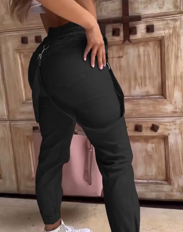 Pantalon cargo taille haute pour femme avec poches, pantalon uni décontracté, pantalon à bretelles longues, streetwear Y2K, mode printemps, 2024, 03