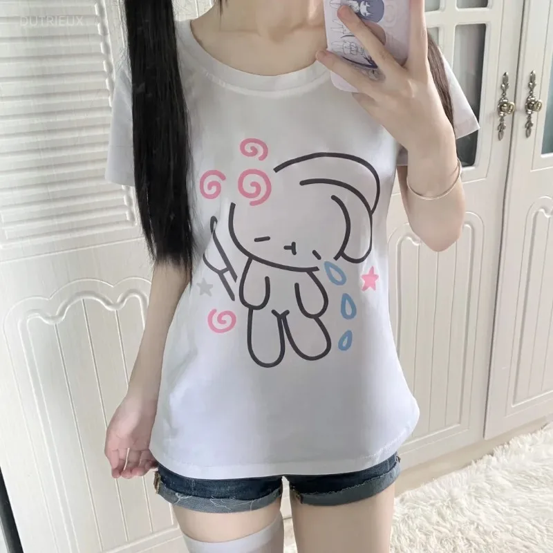 Cartoon Rabbit Woman T Shirt Fashion Summer Tees Short Sleeve O-neck Cottom Camisetas Y2k Tops Casual White Oversized T-shirts