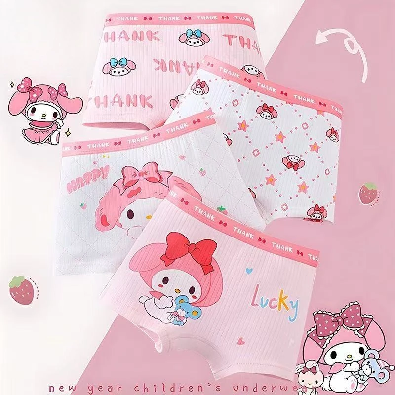 4 Packs of Sanrio Melody Kuromi Series Children's Underwear, Pure Cotton Class A Boxers