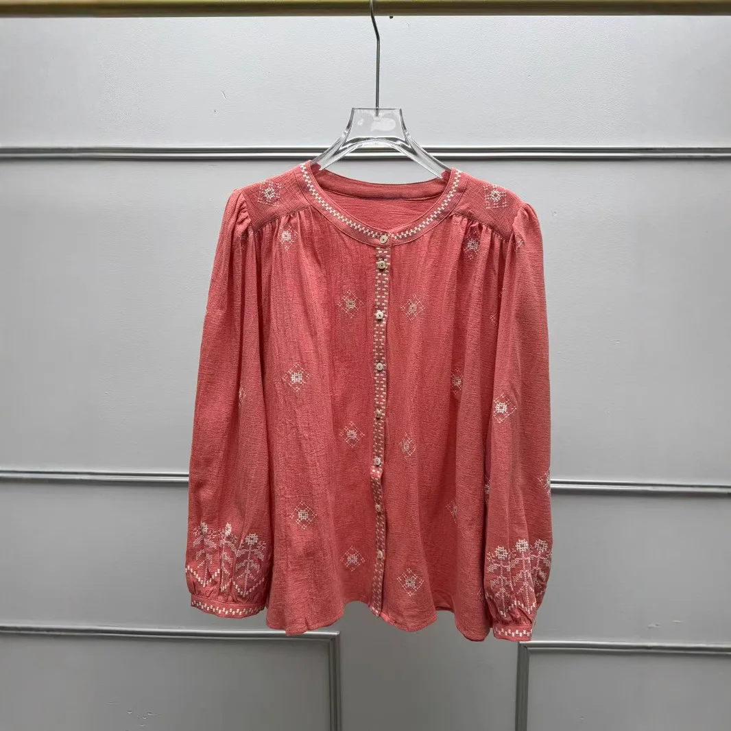 

Ele Embroidered round Ne Loose Women's irt Bubble Sve Button up Cotton Spring Summer New Arrival Faion Ladies' S...