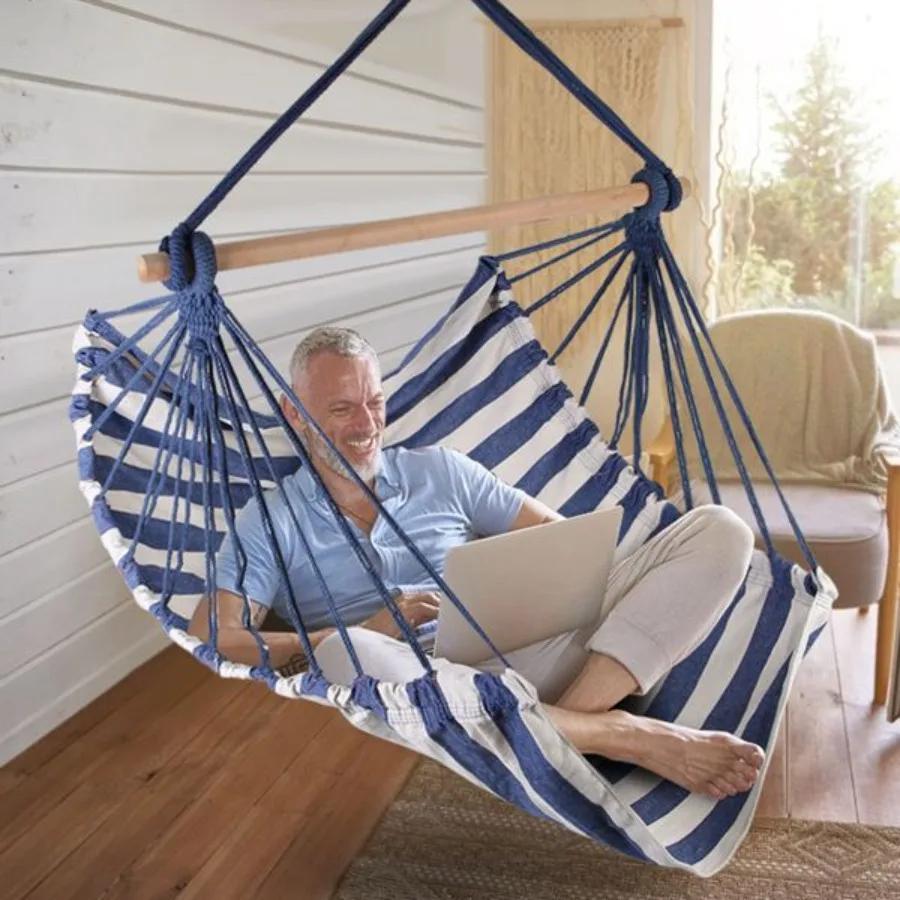 Hamac chaise suspendue toile porche Patio balançoire siège Portable Camping corde siège bâton en bois hamac chaise avec 2 oreillers 265LBS