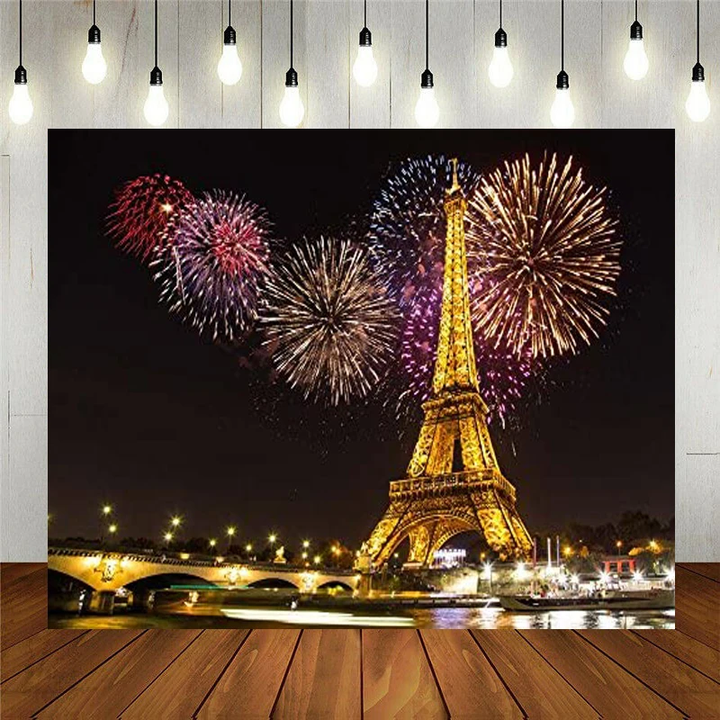 

Night Paris Light Eiffel Tower Colorful Fireworks Wedding Decorations Photography Backdrop Photo Booth Background