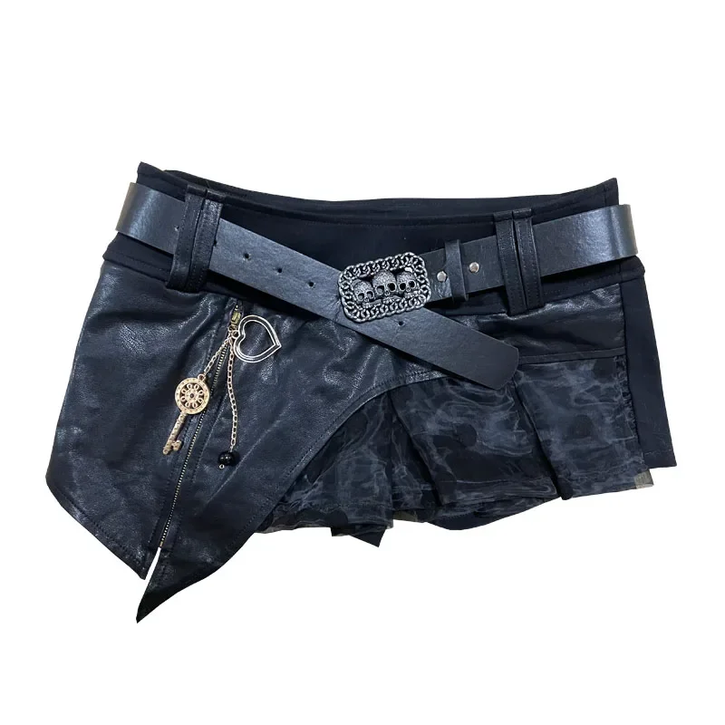 Japanese Punk Girl Skull Belt Low Waist Shorts Black Denim Mesh Patch Asymmetric Design Gothic Grunge Shorts Jeans Skirt Plus