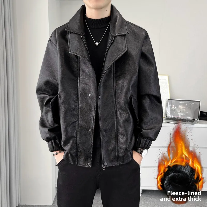 

Men's Winter Thiened Fce Lined Double Collar Biker Sle Leather Jaet Casual Loose Fit Outerwear Faionable Youth