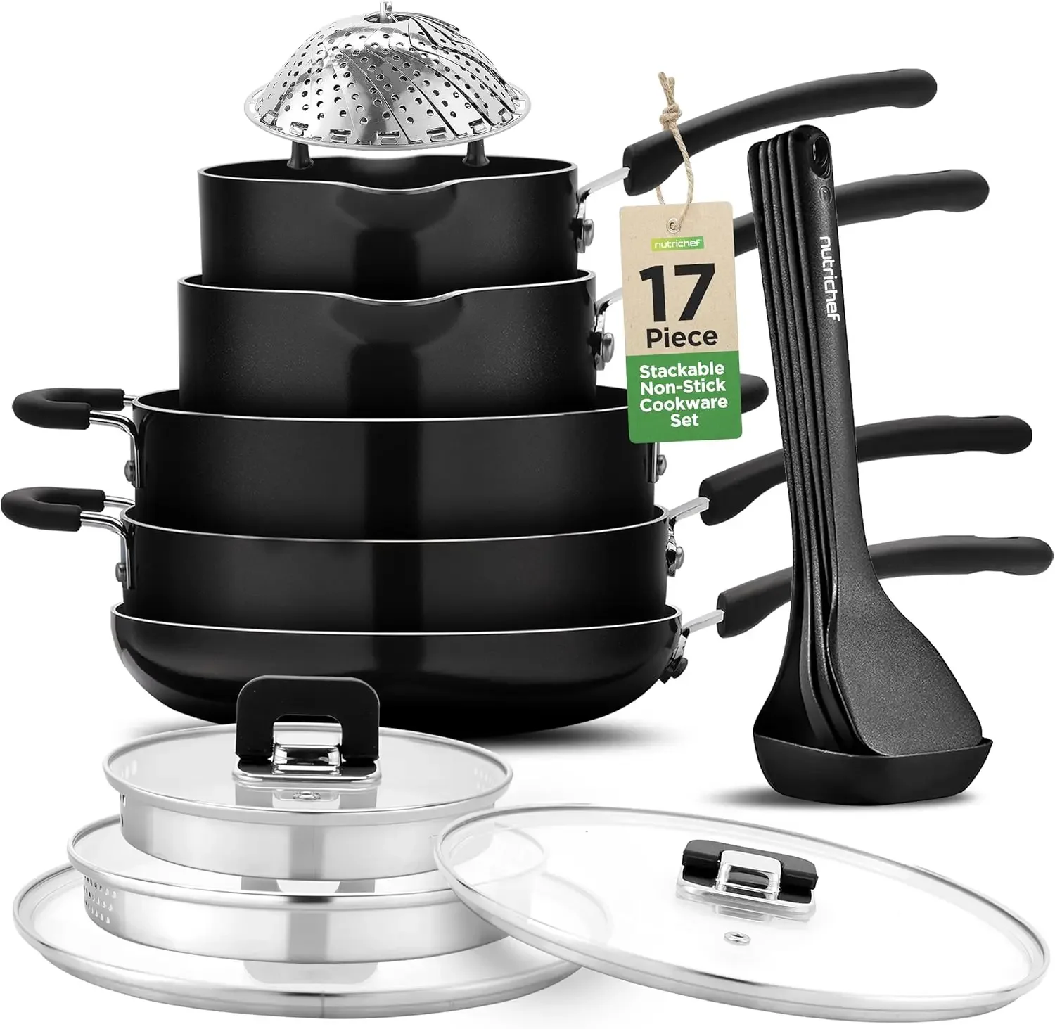 Pots and Pan, Stainless Steel Set Nonstick, Induction Cookware with Foldable Knob, Space Saving, Nylon