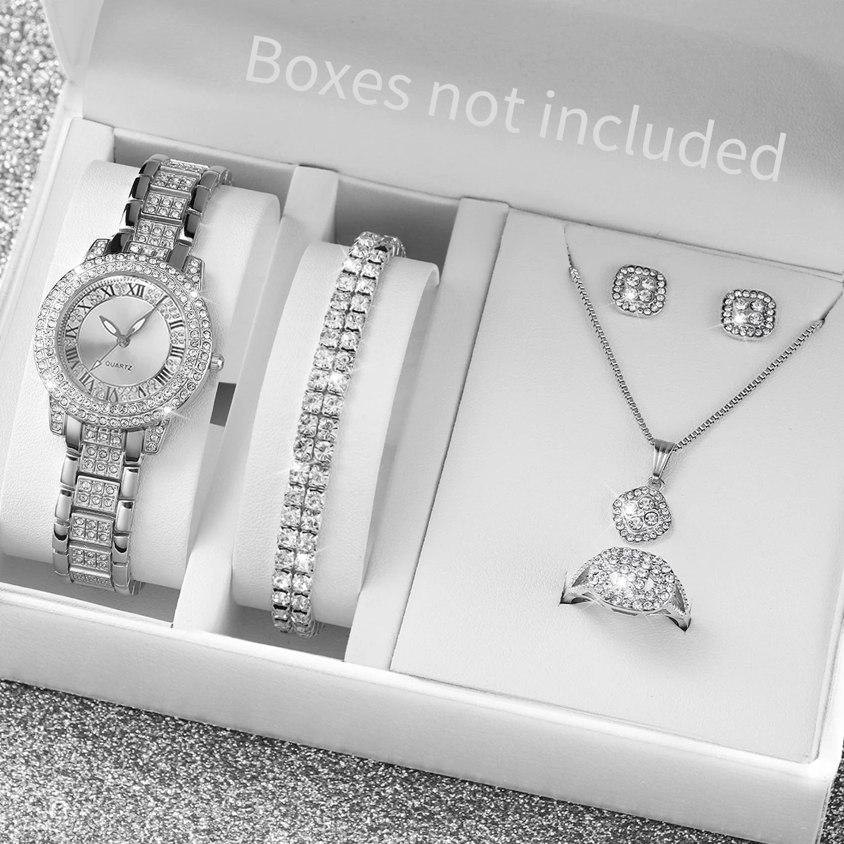 6PCS/Set Women\'s Watch Fashion Rhinestone Roma Dial Quartz Watch Steel Band Wristwatches Diamond JewelrySet(Without Box)