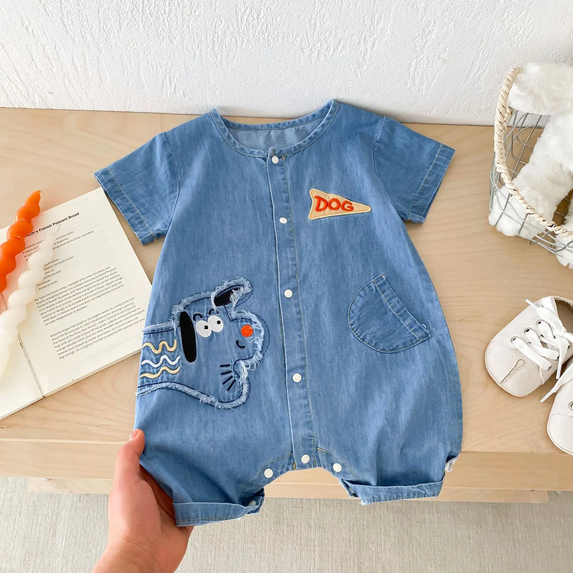 

Baby patch jumpsuit 0-2 year old summer Korean children's clothing baby cartoon denim baby clothing