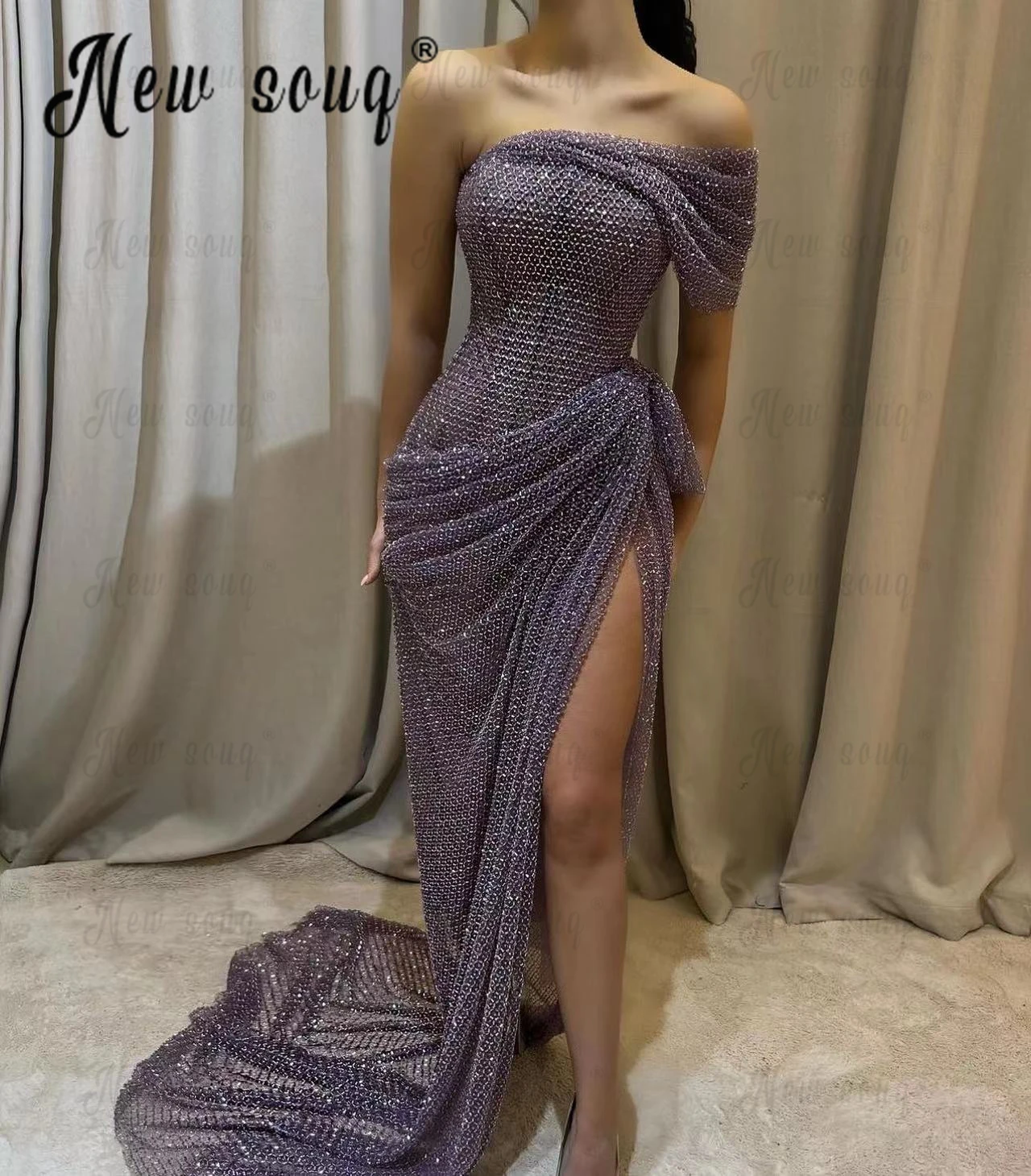 Off Shoulder Boat Neck Dusty Purple Cocktail Dress High Split Robes De Soirée 2024 Women Wedding dress فساتين حفلة موسيقية