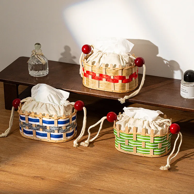 

Nordic Ins Style Woven Drawstring Tissue Box for Home Living Room Creative Simplicity Light Luxury Desktop Storage Basket