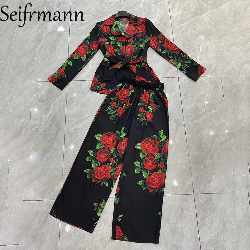 Seifrmann Casual printed silk two-piece lapel long-sleeved loose top elastic waist trousers set 2026 autumn women's new style