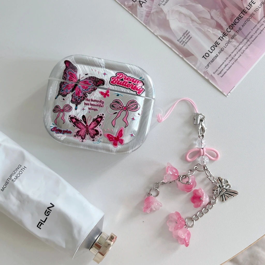 Fashion Silver Feather Yarn Pattern Pink Butterfly Bow With Pendant Earphone Cover Case for AirPods 1 or 2 3 4 Pro 2 Pro 3
