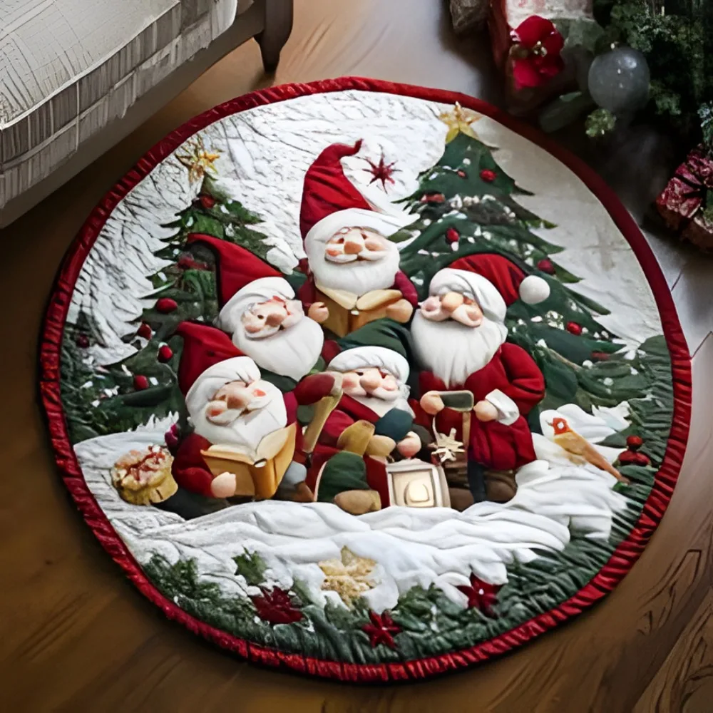 Round Christmas Gnomes Santa Claus Carpet Mat Rug Gold Star Red Berries Snow Scene Festive Home Decoration for Holiday Home Mat