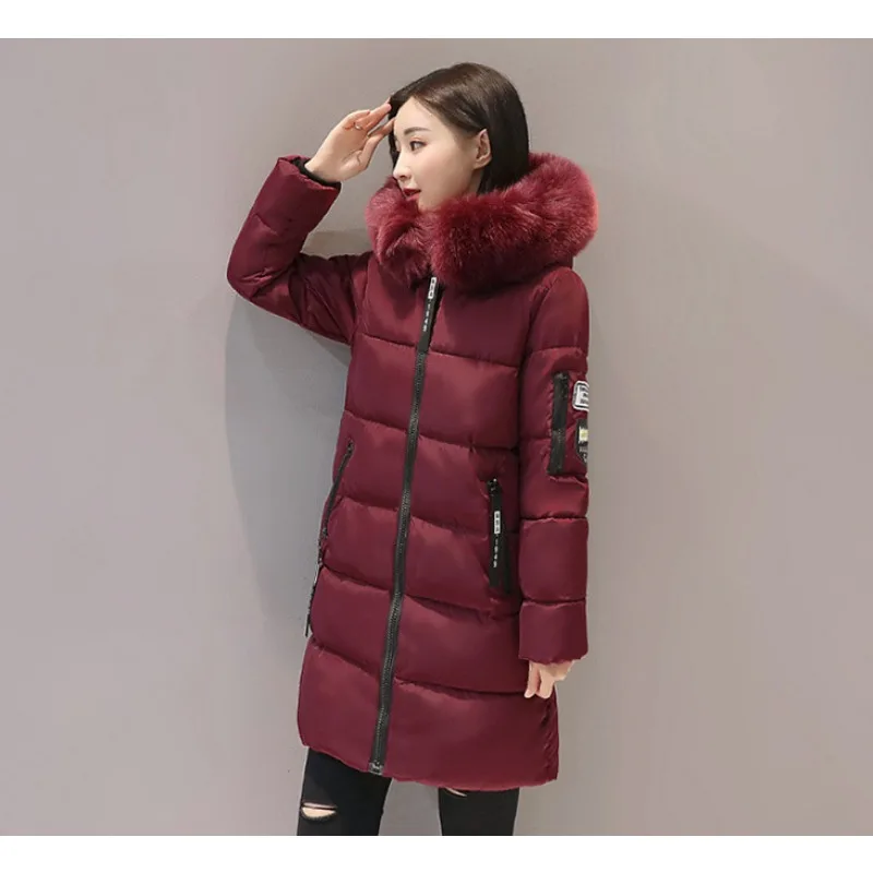 Women Winter Cotton Coat Hooded Mid Length Outerwear Windproof Warm Long Sleeve Jacket Solid Color Slim Fit Lady Down Coat