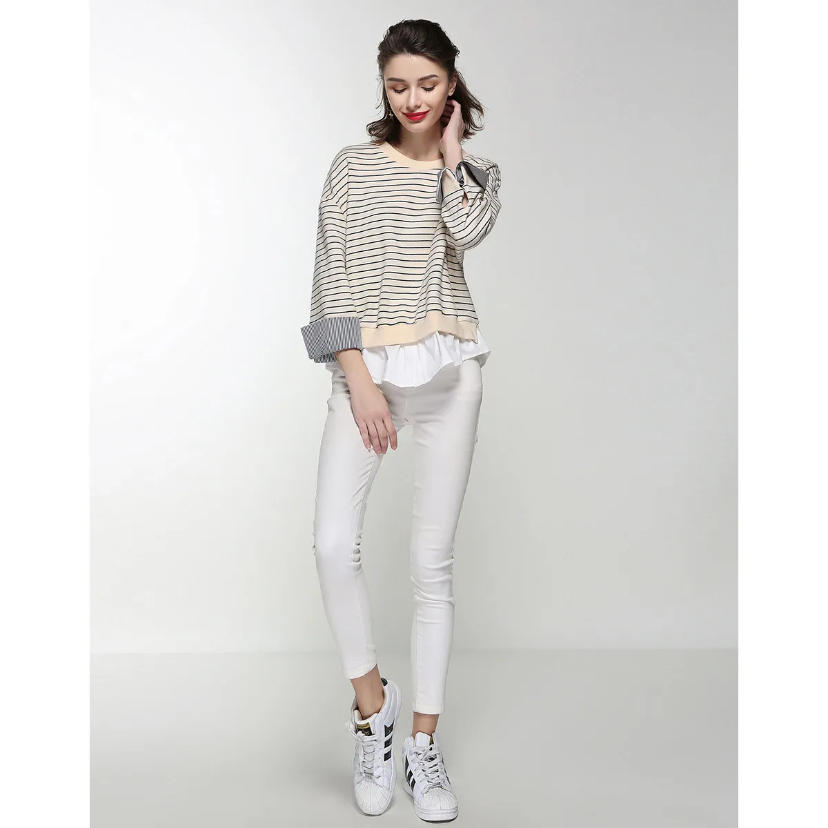 LOUIS YAO Women Patchwork Cuff Faux Two-Piece Sweatshirt 2023 Autumn Striped Drop-shoulder O-neck Long-sleeve Top