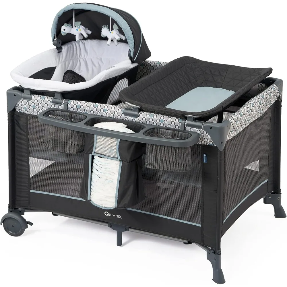 Berço dobrável com Berços, Mesa de Troca, Napper recém-nascido com Canopy, 5 em 1 Multifuncional Pack and Play