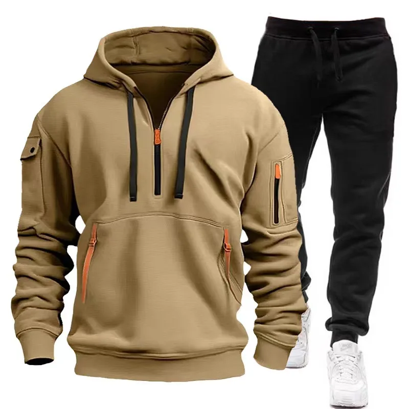 Men\'s Leisure Sports Pullover Multi Zipper Arm Pocket Hoodie Set Autumn/Winter Fashion Hoodie Hoodie Men\'s Loose Coat Pants Suit