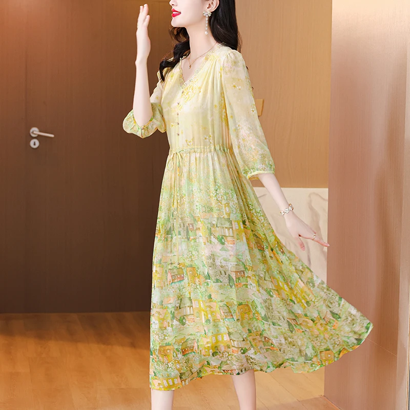 2024 Spring/Summer New Lady V-Neck Heavyweight Silk Mulberry Silk Printed Waist Wrap Dress Women's Style Silk Dress