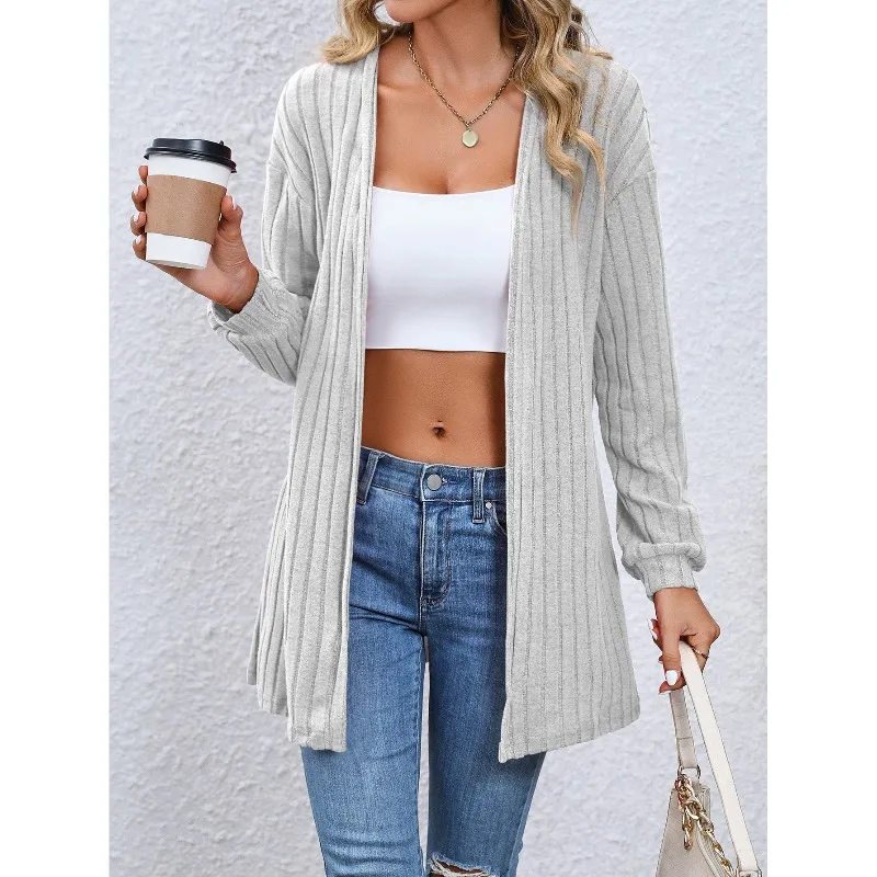 

2023 Autumn Women's Cardigan Long Sleeve Solid Stripe Patchwork Shirring Loose Midi Office Lady Fashion Casual Cape Tops