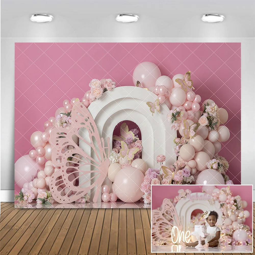 

Pink Butterfly Wings Photography Backdrop Girl Birthday Cake Smash Background Balloon Flowers Wall Photo Studio Props