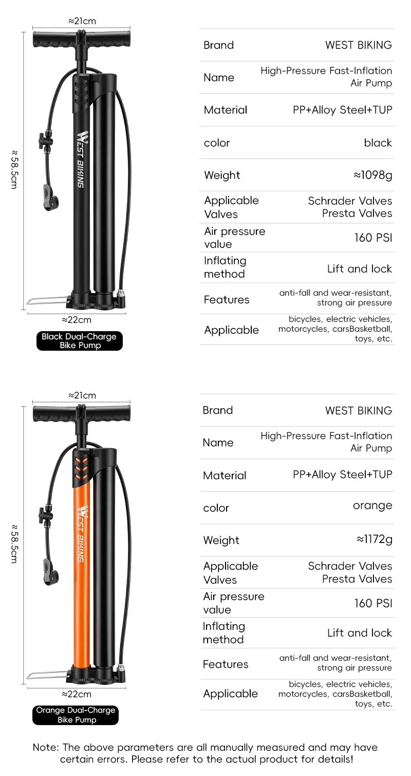 WEST BIKING 160PSI Hochdruck-Doppelrohr-Fahrradpumpe mit Manometer für Schlauchlose Reifen Schrader Presta Ventil Fahrrad Motorrad – Detail 5