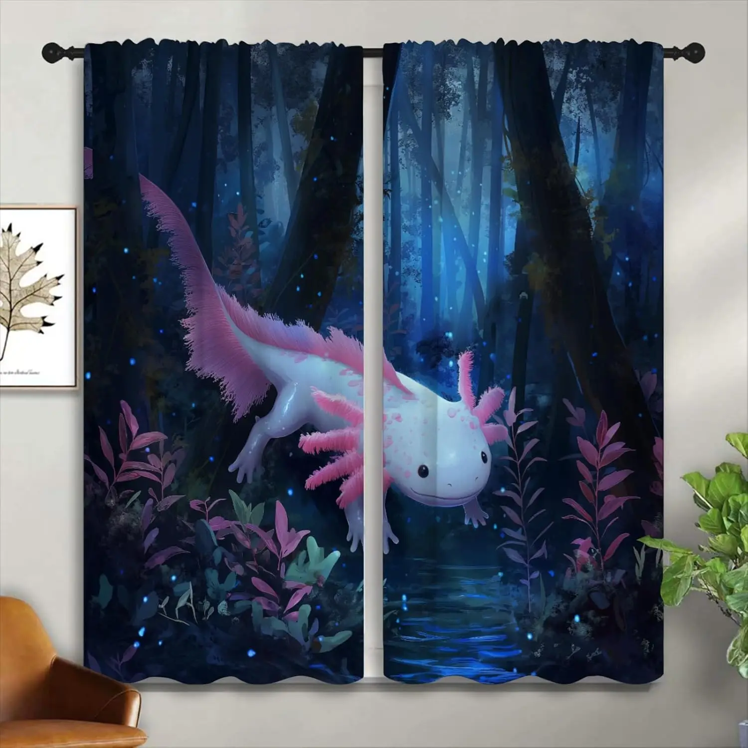 3D Cute Salamander Blackout Curtains for Boys Girl Bedroom Home Decor, Tropical Jungle Axolotl Reptile Animal Thermal Insulated