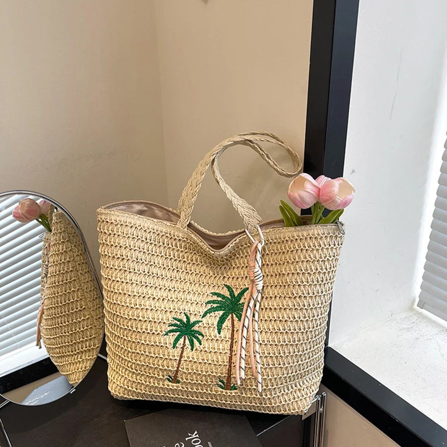 Summer embroidery style large capacity woven straw woven bag for women, new beach vacation shoulder bag, casual commute tote bag