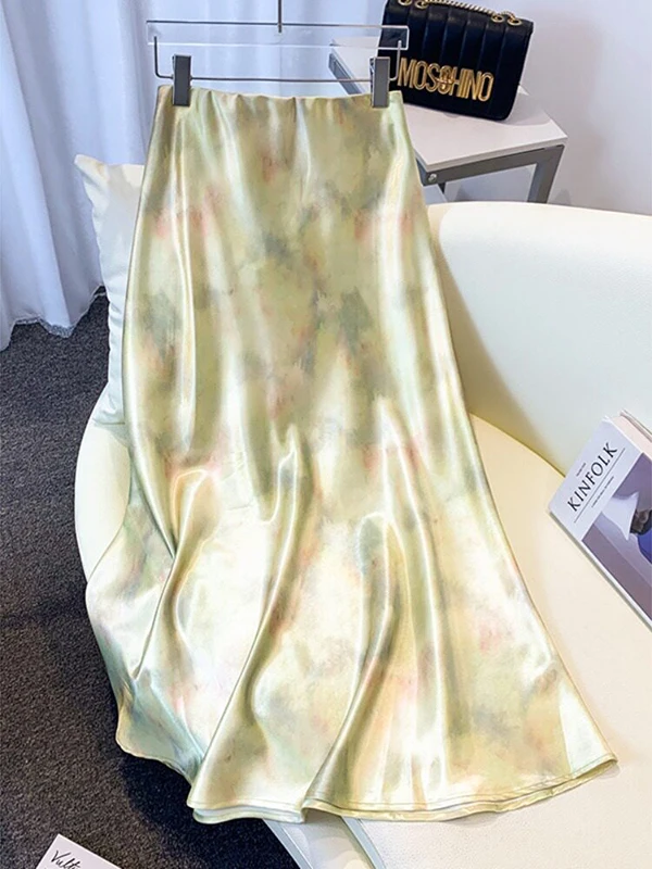 Acetate Satin A-Line Midi Skirt High Waist Slimming Women's Summer Fashion Commute Style Korean Brand Casual Fit Skirt