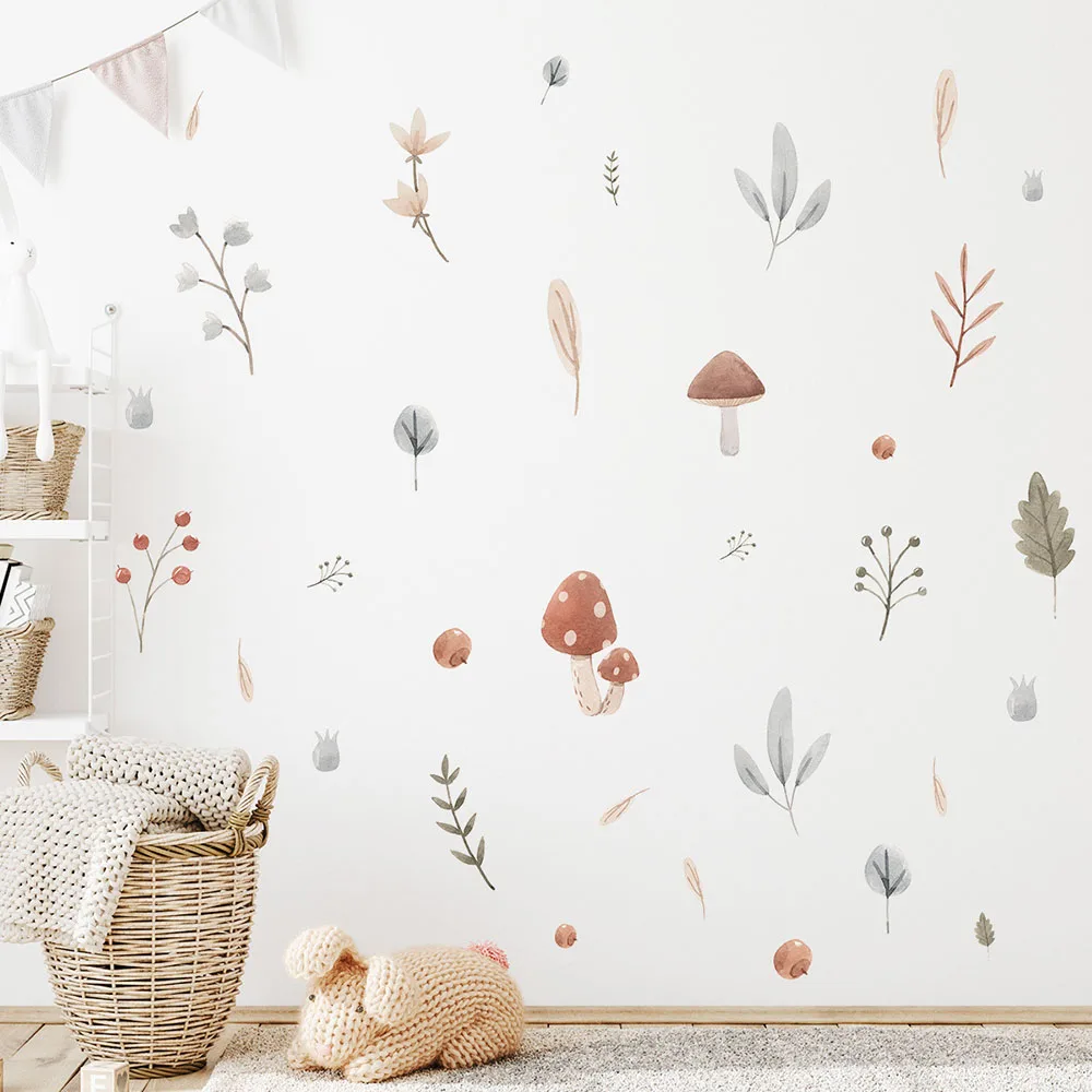 Neutral Tones Mushroom Wall Sticker, Removable Watercolor Plant Decal for Kids Bedroom & Playroom