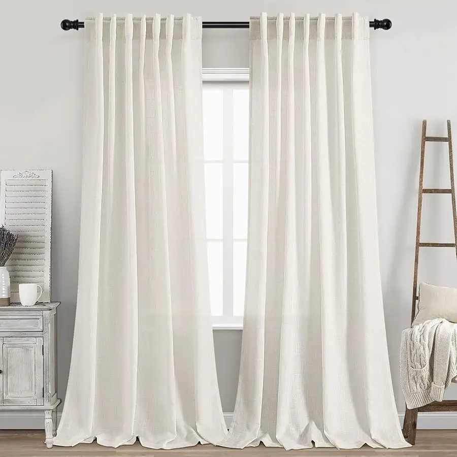 

Back Tab Linen Curtains 96 inches Long 2 Panels Set for Li ing Room Sliding Glass Door I ory Cream Semi Sheer Curtains Light Fil