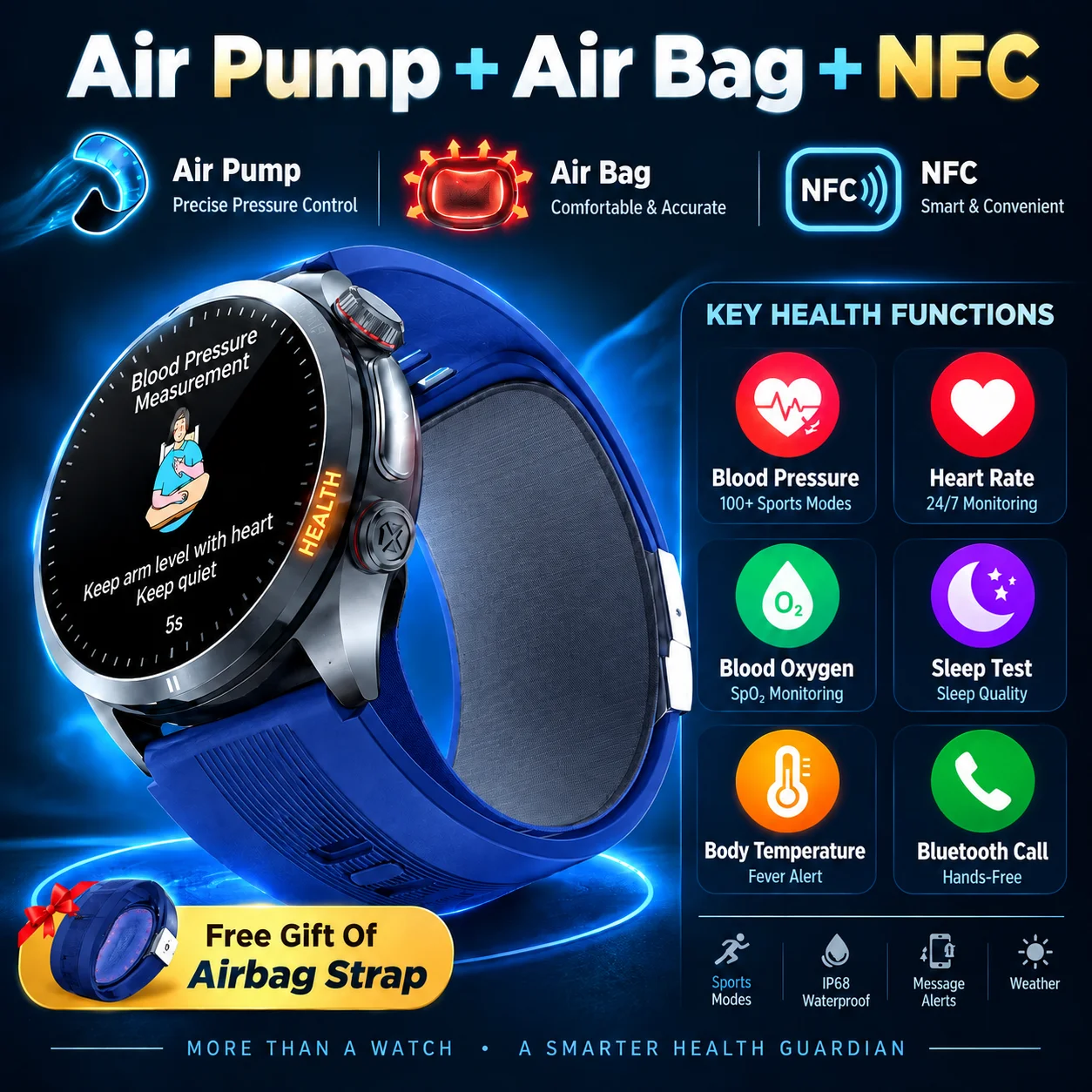 Air Pump Airbag Smart Watch 99%Accurate Blood Pressure Monitorcare ECG Oxygen SOS Fall Detection NFC Bluetooth Call Health Watch
