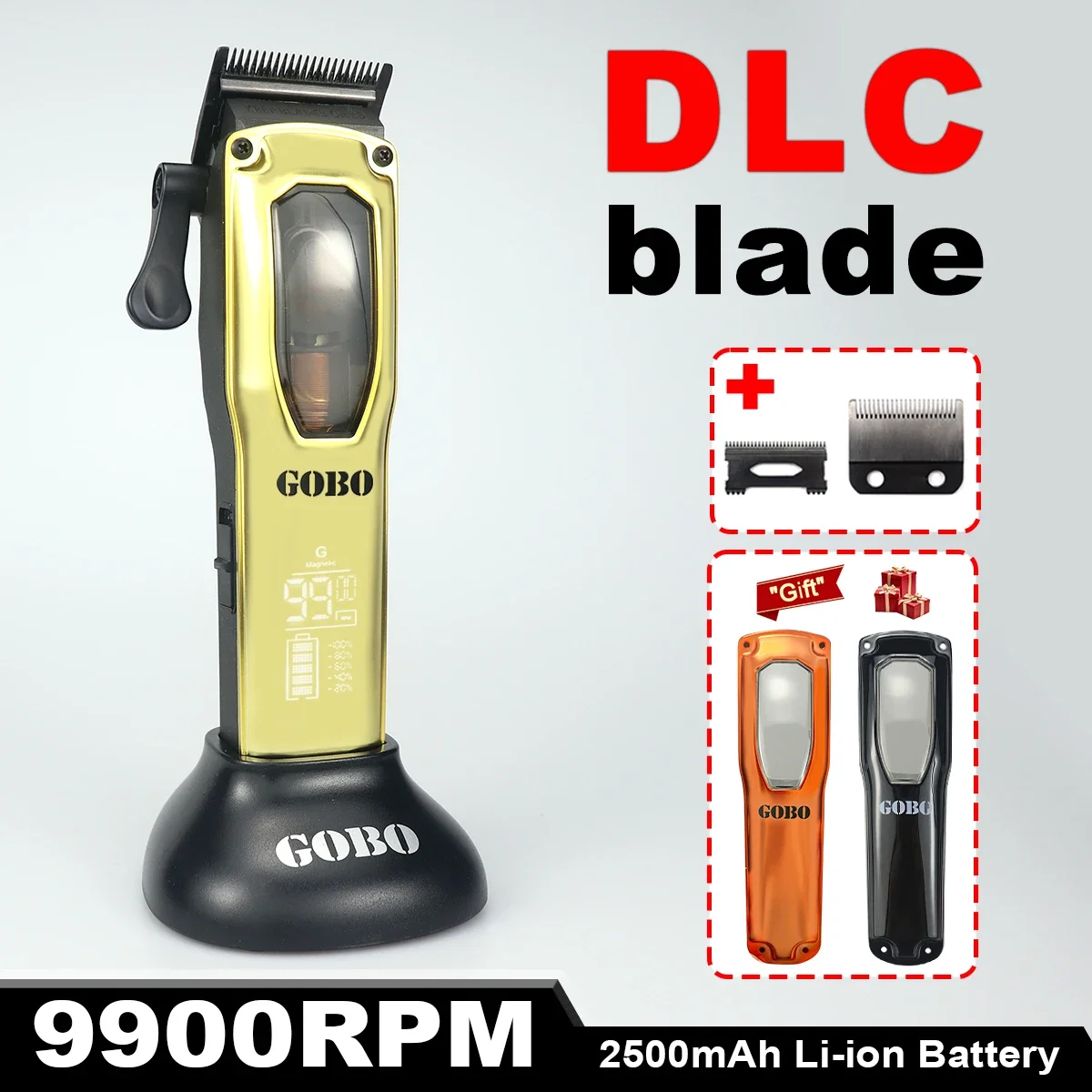 GOBO المهنية مقص الشعر للرجال 9900 دورة في الدقيقة محرك مغناطيسي LCD آلة قطع USB قاعدة شاحن DLC آلة تشذيب الشفرة