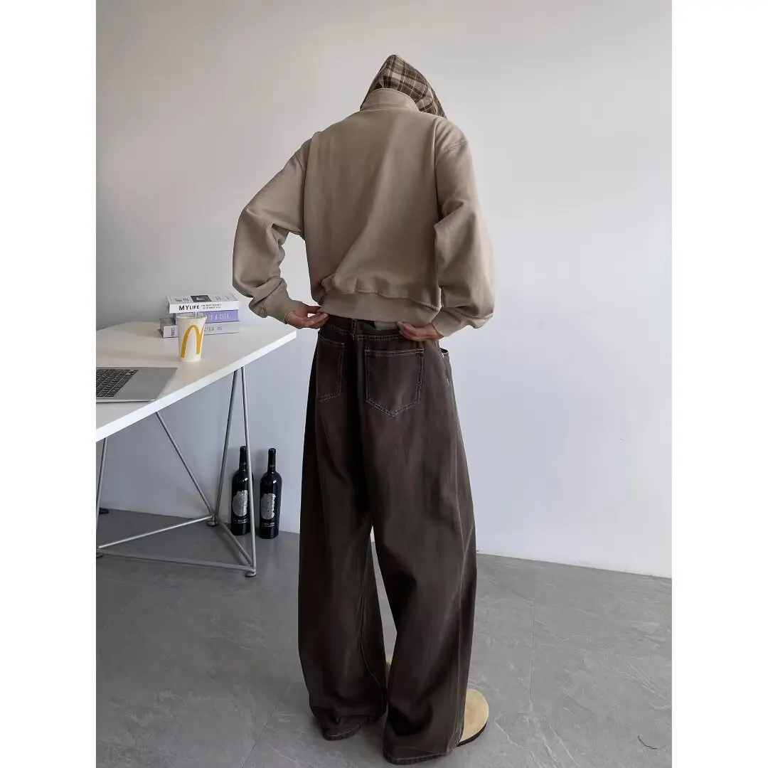Washed Jeans Men's Autumn Loose Straight Pants Korean Style Versatile Solid Color Wide Leg Male Denim Trousers Chic