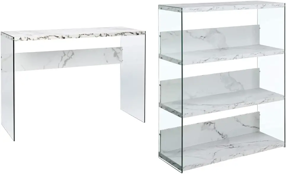 Soho Console Table/Desk, Faux White Marble & Soho 4 Tier Wide Bookcase, White Faux Marble