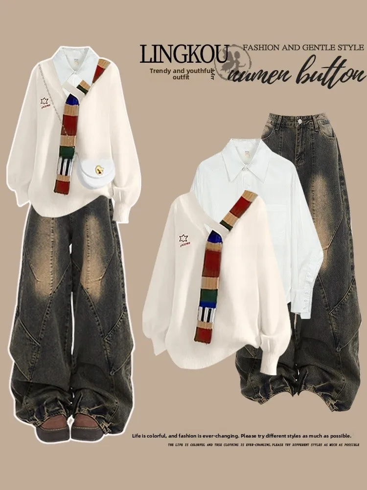 

Антивозрастной комплект из трикотажного свитера большого размера и джинсов с высокой талией: модный женский набор из трех предметов, винтажный осенний образ