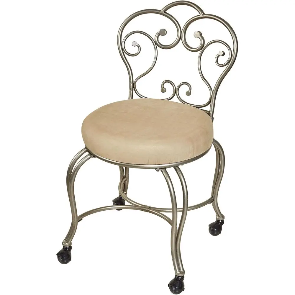 

Gilded Silver Vanity Chair with Elegant Scroll Design and Beige Microsuede Cushion