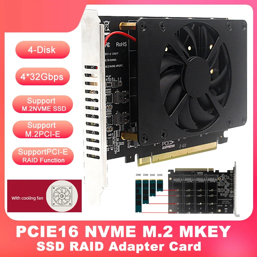 NVME M.2 MKEY SSD RAID Adapter Card Motherboard 4-Disk with Cooling Fan PCIe 4.0 X16 Switch To 4 Ports Split Card 4 X 32Gbps