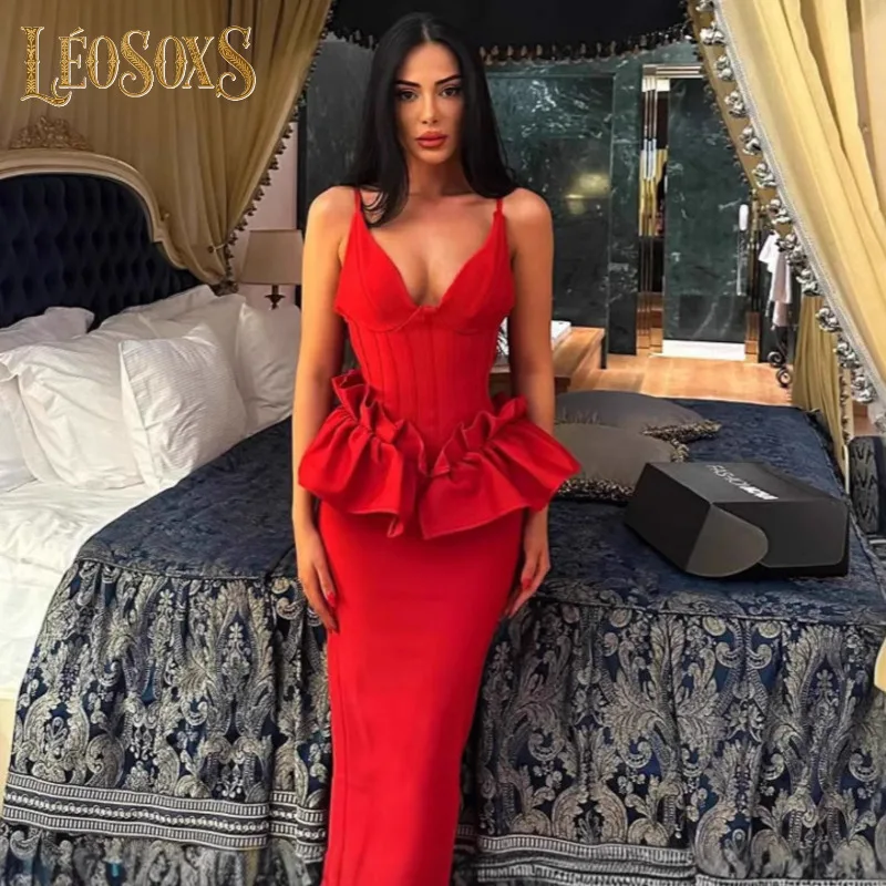 LEOSOXS 2025 Top Vrouwen Celebrity Sexy V-hals Ruches Rode Maxi Lange Bodycon Bandage Jurk Elegante Avond Club Party Outfit