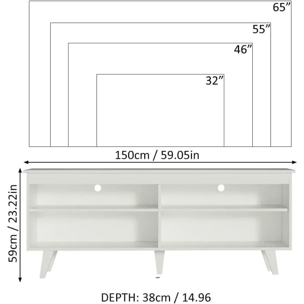 TV Stand with 4 Shelves and Cable Management, for TVs up to 65 Inches, Wood, 23'' H x 15'' D x 59'' L – White