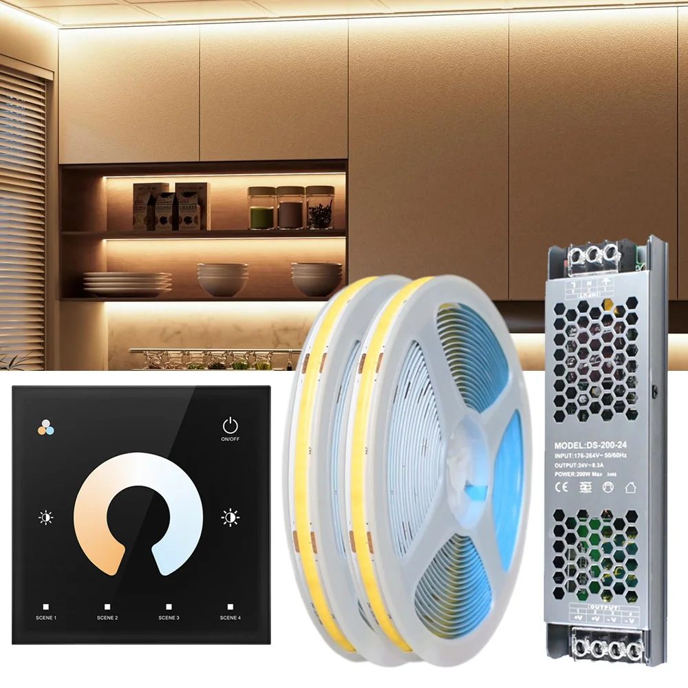 10M 20M COB CCT LED Strip 24V Flexible High Density Dimmable DIY Indoor Room Light Touch Panel Controller Dual White 2700K-6500K
