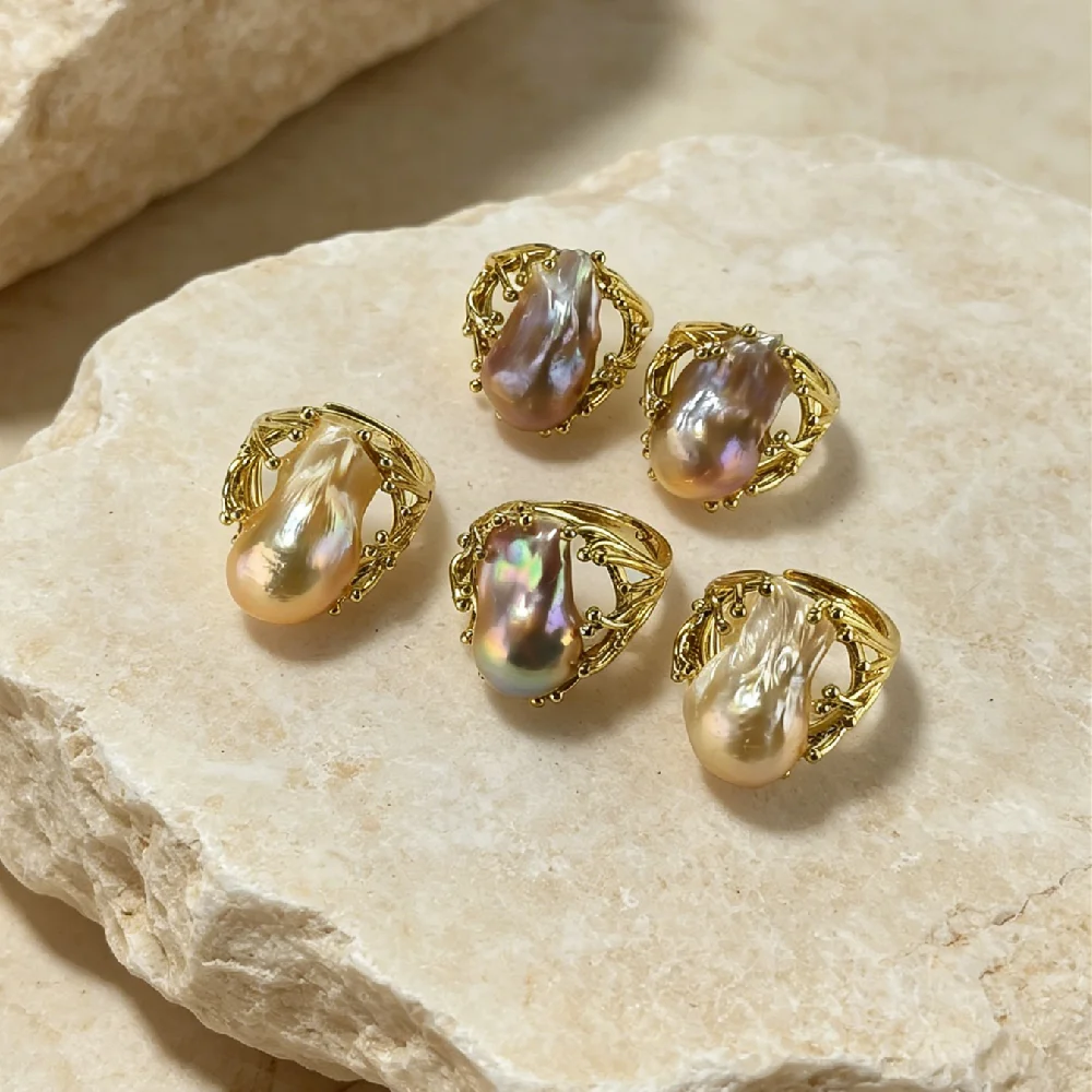 Refined Vintage Natural Baroque Pearl Rings Golden Plated Delicate Branch Open Band Wholesale for Daily Work Attire R2G524