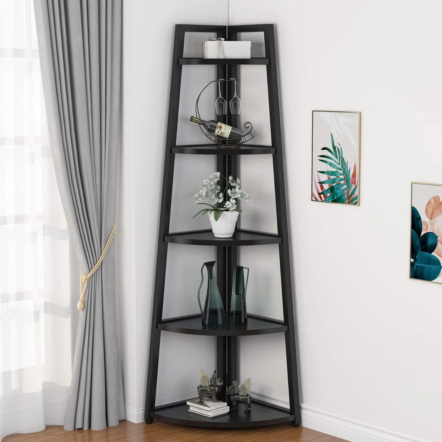 

LITTLE TREE 70 inch Tall Corner Shelf, 5 Tier Modern Corner Bookshelf Bookcase Industrial Corner Ladder Shelf Plant Stand