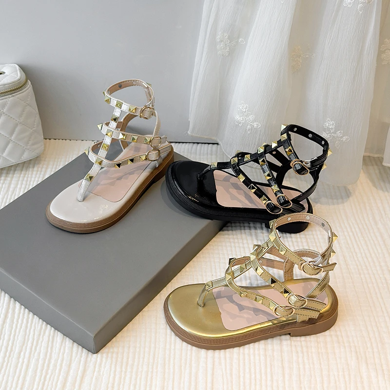 Children's Shoes Girls' Studded Gladiator Thong Sandals Multi-strap Buckle Design Multiple Colors Casual Street Daily Footwear