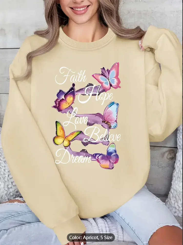 

Womens Plus Size Faith Hope Love Believe Dream Butterfly Print Sweatshirt Casual Crew Neck Pullover Comfortable Fit Pure Cotton