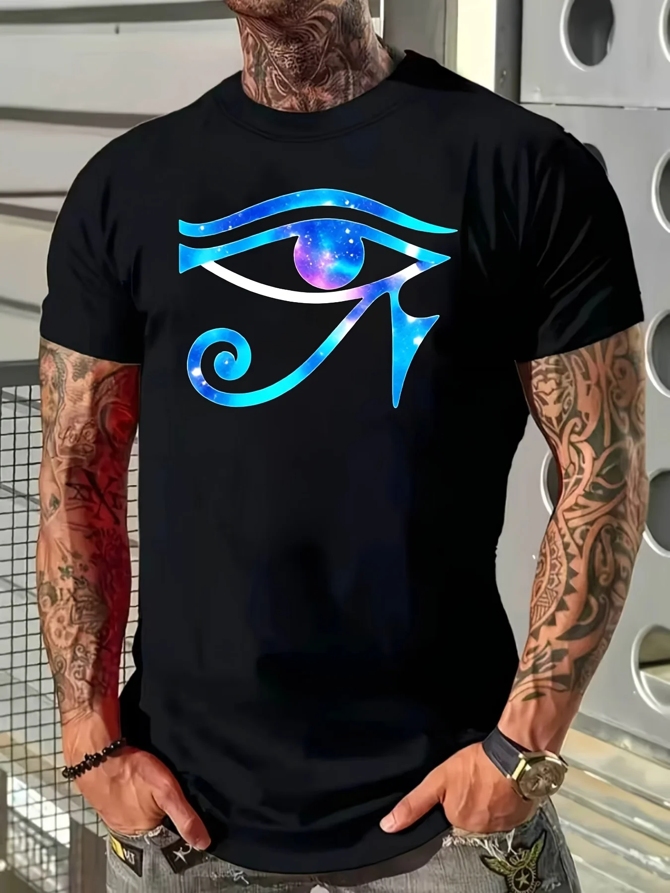 Galaxystyle Houdoule Eye Egyptian Symbol Lucky Charm T-shirt Unisex Soft and Breathable Round Neck T-shirt Regular Fit Short Sleeve Vibrant Cosmic Pattern Print Machine Washable Vintage Casual Round Neck Printed T-shirt